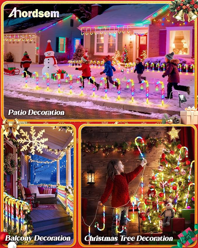 Anordsem Solar Christmas Decorations Outdoor: 21" Candy Cane Lights with Star 12 Pack - Waterproof LED 8 Colorful Lighting Models for Yard Pathway Xmas Decor - 2026 New Year Gifts for Homeowners