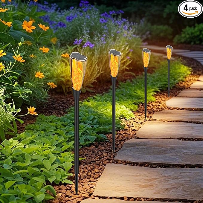 Solar Pathway Lights, 2 Pack Solar Garden Lights with Warm Light Flickering Flame & RGB Gradient, Solar Lights Outdoor Waterproof Decor Lights for Yard Lawn Landscape Walkway Driveway (Flower-4Pack)