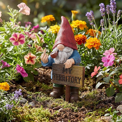Lavezee Funny Garden Gnome, Middle Finger Gnomes Statue with Solar Lighted Sign – “My Territory” for Patio Backyard Porch Outdoor, Humorous Housewarming Birthday Gifts for Men Dad Husband