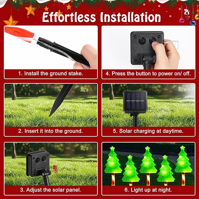 Lewondr Solar Christmas Pathway Lights, 5 PCS Solar Christmas Decorations Outdoor with 2 Lighting Modes, Xmas Tree Lights with Red Pole and Garden Stake, Waterproof Garden Lawn Patio Holiday Decor