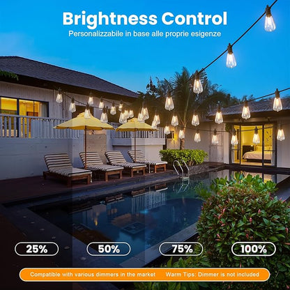 ZOTOYI Outdoor String Lights，50FT Patio Lights with 27 Vintage Edison Bulbs (2 Spare)，ST38 Waterproof Outside Hanging Light for Backyard, Bistro, Cafe, Gazebo, Porch Decor, Dimmable 2700K