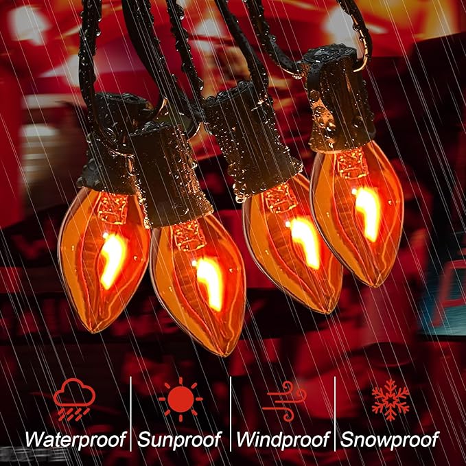 Abeja Orange Halloween Lights, 25FT Orange Flickering Lights String with 27 Flame Incandescent Blubs, Halloween | Lumora