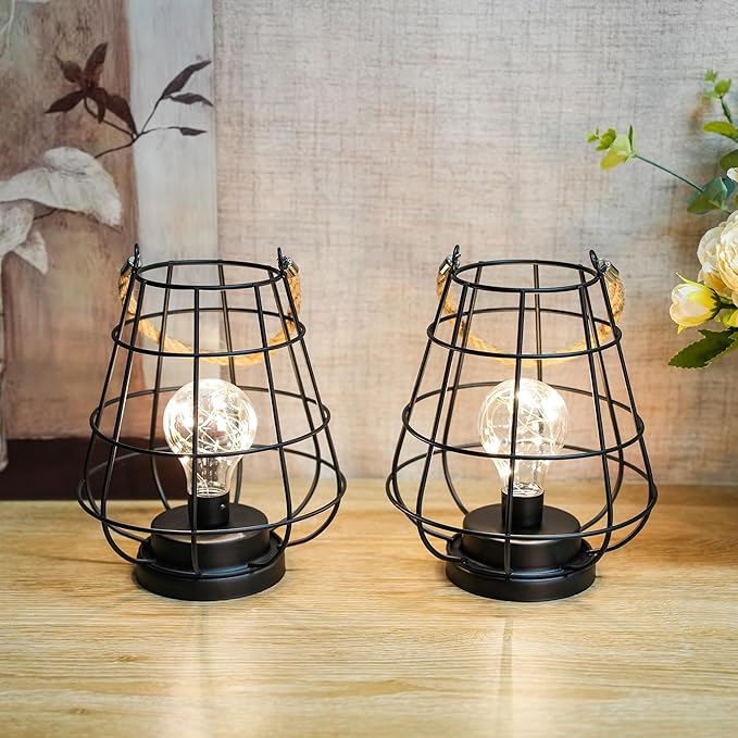 JHY DESIGN Set of 2 Cage Bulb Lantern Decorative Table Lamps 8.5" H Battery Powered Cordless Lights with Warm White | Lumora