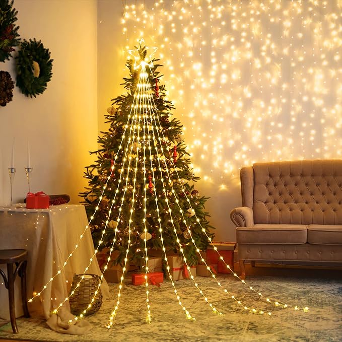 Christmas Decorations Star String Lights - 344 LED 11.8ft 9 Strands Waterfall Tree Lights with Topper Star, 8 Lighting Modes Christmas Lights Indoor Outdoor Decorative for Wedding Yard Party Home