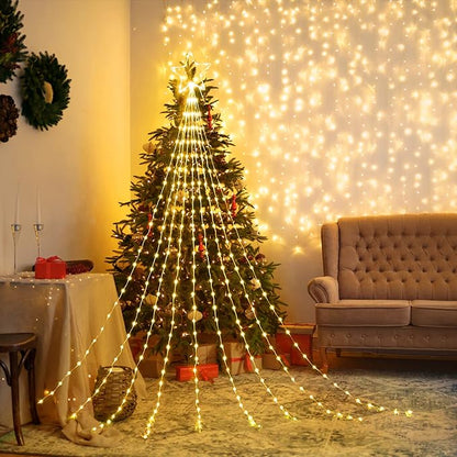 Christmas Decorations Star String Lights - 344 LED 11.8ft 9 Strands Waterfall Tree Lights with Topper Star, 8 Lighting Modes Christmas Lights Indoor Outdoor Decorative for Wedding Yard Party Home