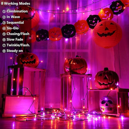 Joomer 2 Pack Orange Purple Halloween Solar String Lights, Total 144 FT 400 LED 8 Modes Waterproof Solar String Lights Outdoor for Halloween Decorations