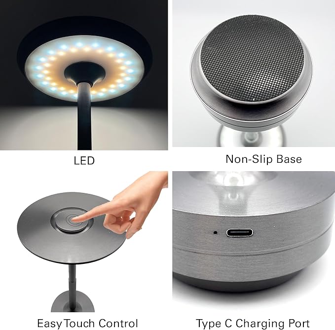 2 Pack Cordless Table Lamps Rechargeable, Portable Battery Operated Lamp, Stepless Dimming LED Table Light with Memory Function, for Outdoor/Dinner/Patio/Restaurant - Gun Metal