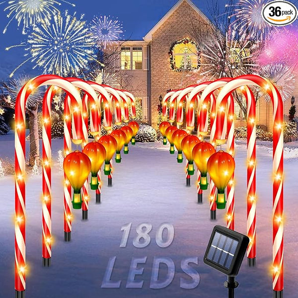 12 Pack Outdoor Solar Christmas Decorations, 180 Bright LED Solar Candy Cane Christmas Lights 8 Lighting Modes | Lumora