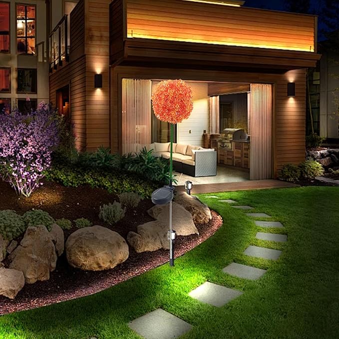 Solar Garden Lights, Solar Flower Lights, Solar Ball Light Outdoor Waterproof Garden Flower Spot Light Decorative for Courtyard (Orange)