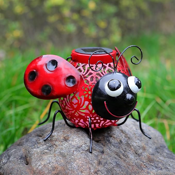 9.8" Ladybug Solar Powered Metal Sculpture - LED Figurine Night Garden Light, Ladybug Solar Light Metal Statue, Yard Art, Patio Accent,Outdoor Lawn Solar Decor, Landscape Path Light Ornament