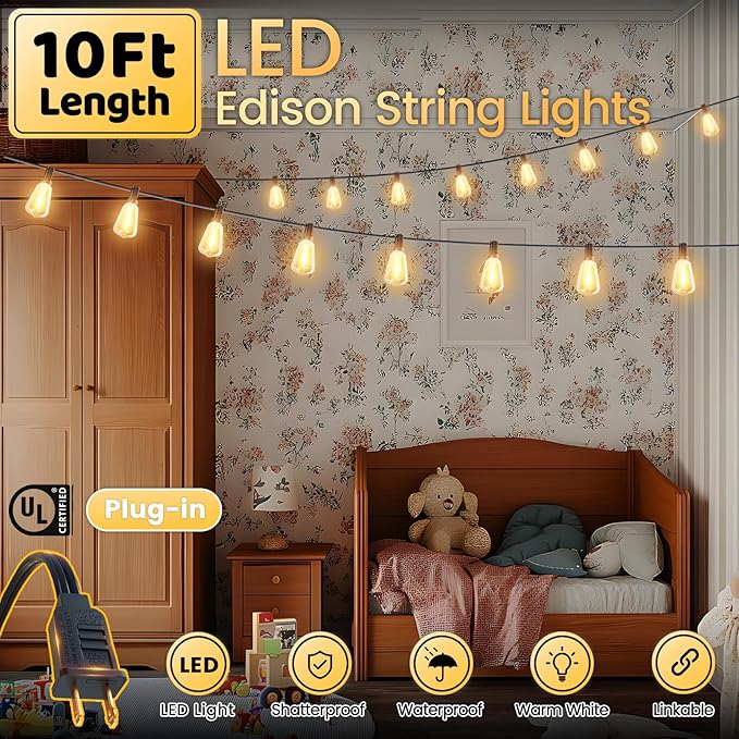 10FT Outdoor String Lights - Waterproof LED Patio Lights Shatterproof ST38 Edison Bulbs, Connectable Hanging | Lumora