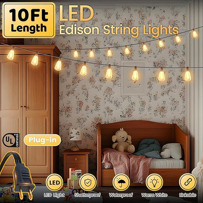 10FT Outdoor String Lights - Waterproof LED Patio Lights Shatterproof ST38 Edison Bulbs, Connectable Hanging Outdoor Vintage Lights for Indoor Backyard Yard Gazebo Porch Party Decor
