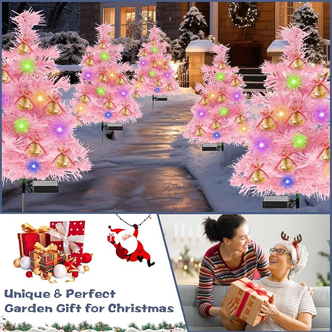 TONULAX Solar Christmas Tree Lights, Outdoor Christmas Decorations for Yard & Garden, Solar Powered Pink Color Christmas Tree Pathway Lights for Front Door & Lawn Decor (2 Pack)