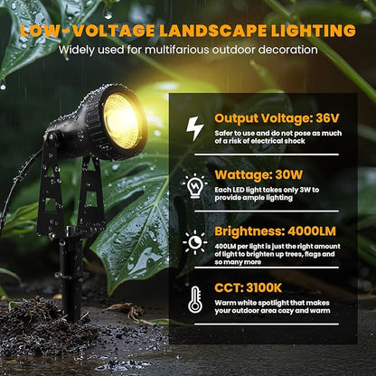 Outdoor Landscape Lighting, 10-Pack Low Voltage LED Spot Lights with Transformer, Waterproof IP65 Outdoor Landscape Lights for Garden, Yard, Backyard, Lawn, Trees, House, Flags – Warm White