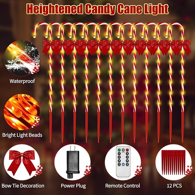 Christmas Candy Cane Pathway Lights, 24PCS 240 LED Christmas Lights Outdoor Decorations with Red Bow Waterproof, 8 Modes Timer Remote Walkway for Xmas Home Yard Lawn Patio Decor