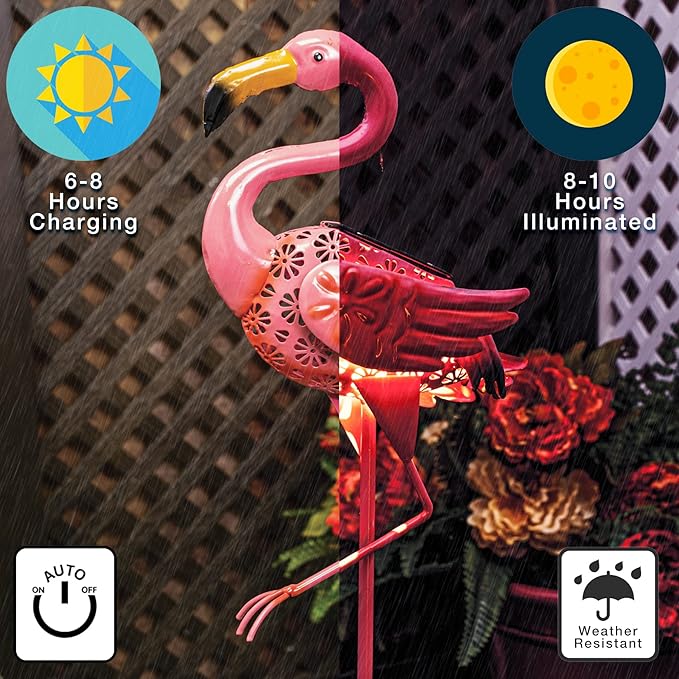 Crosslight Flamingo & Crane Solar Garden Stake | Waterproof LED Decor Light for Yard, Law, Patio, Porch, Pathway | 8 Hours Illumination with Rechargeable Battery Included - 2 Pack