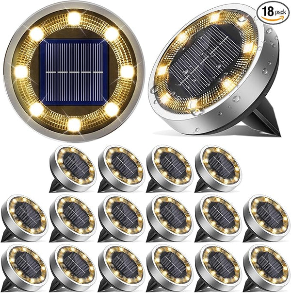 Solar Ground Lights, 18 Pack Flat Solar Light Outdoor Waterproof, Bright LED Solar Disc Lights, 3000K Warm White | Lumora