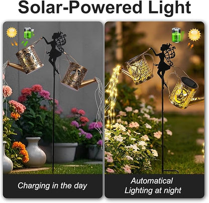 ZKLiLi Solar Fairy Hummingbird Watering Can Lights Outdoor, IP65 Waterproof Garden Decor with one Pole Two Light - Hanging Patio Lawn Pathway Gift for Backyard,Lawn,Patio