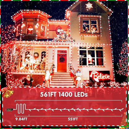 XURISEN 551FT 1400 LED Christmas Lights Outdoor Green Wire String Lights 8 Modes with Timer Memory Waterproof Fairy Light Plug in for Xmas Tree Wedding Yard Party Holiday Decorations(Red+White)