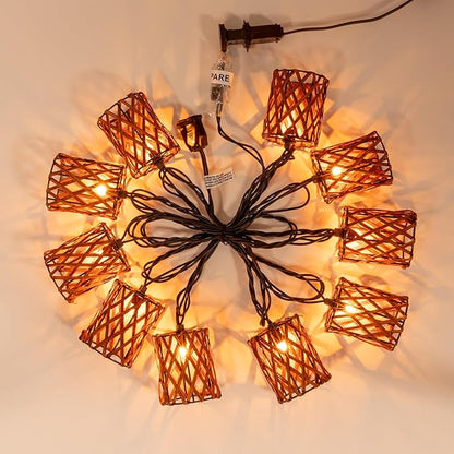 Decorative String Lights Plug in with 10 Incandescent Bulbs, Handwoven Rattan Cylinder-shaped Boho Lantern String Lights Connectable Weatherproof Outdoor Indoor for Bedroom Patio Pergola Decor (Brown)