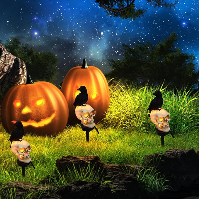 Pathway Lighting, Solar Garden Light for Halloween 6-8 Hours Solar Powered LED Crow Skull Solar Lights Ground Plug-in Pathway Solar Lights for Lawn, Backyard Look Left