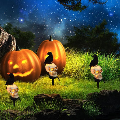 Pathway Lighting, Solar Garden Light for Halloween 6-8 Hours Solar Powered LED Crow Skull Solar Lights Ground Plug-in Pathway Solar Lights for Lawn, Backyard Look Left