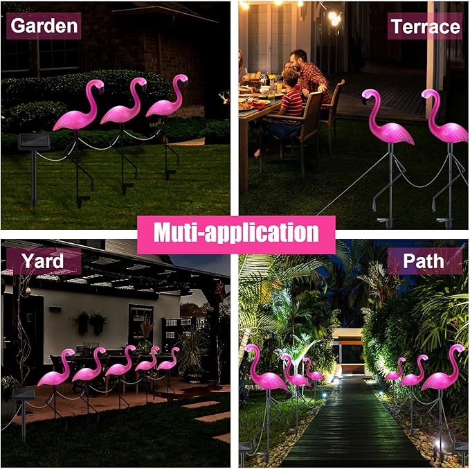 Geelin 6 Packs Pink Flamingo Solar Lights Outdoor Decoration Ip55 Waterproof Solar Powered Flamingo Garden Stake Light for Yard Patio Lawn Pathway Walkway Driveway Outside Decor