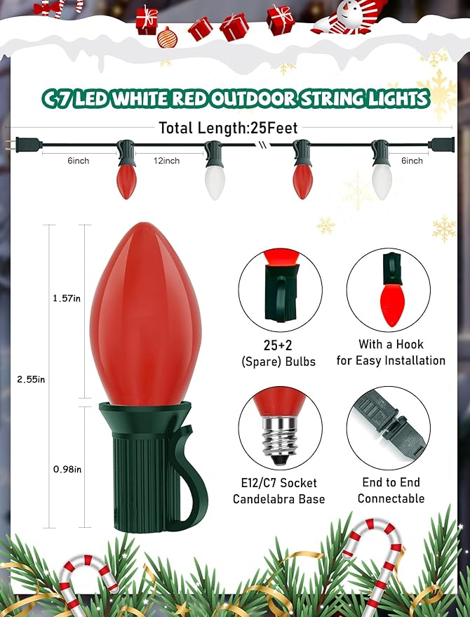 25FT C7 LED Christmas Lights Outdoor, Vintage Red and White Christmas String Lights with 27 Bulbs (2 Spare), UL Listed Waterproof Plug-in Patio Lights for Tree Yard Party Xmas Decoration