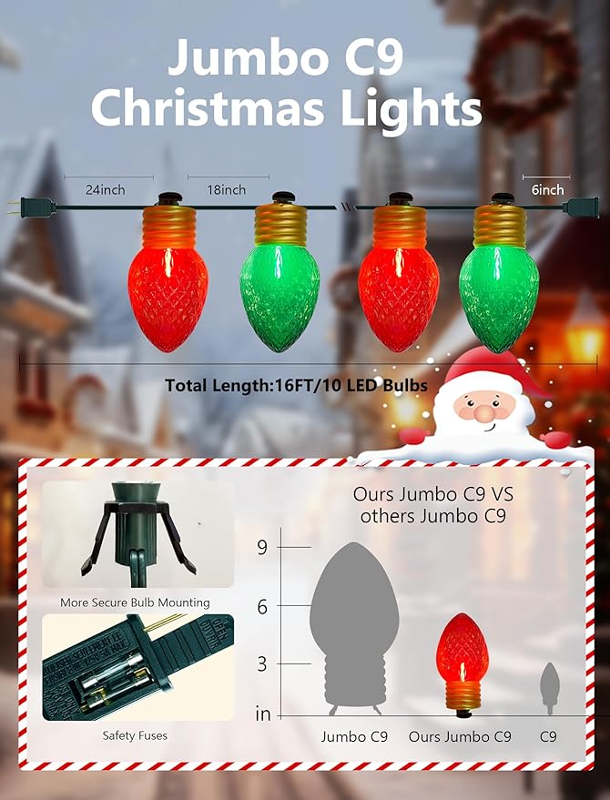 Red and Green Jumbo Christmas Lights Outdoor, 16ft Jumbo C7 (5") Diamond Pattern Bulbs, Connectable Large Outdoor | Lumora
