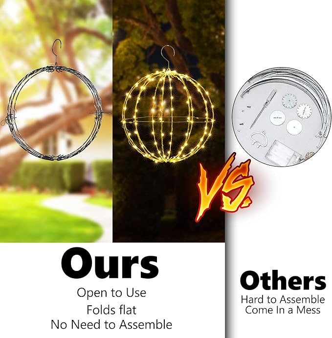 Joomer Battery Operated Ball Lights 2Pack, 13IN & 11IN 120 LED Foldable Metal Sphere Lights - Outdoor String Light | Lumora