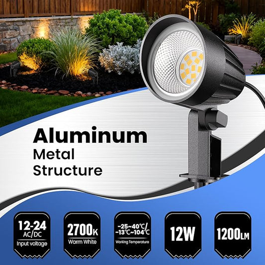 All-in-One Low Voltage Landscape Lighting Kit 12W LED Landscape Lights with 150W Transformer 2700K 12V-24V Waterproof Outdoor Uplights with Connectors for Yard House Garden Tree, 12 Pack
