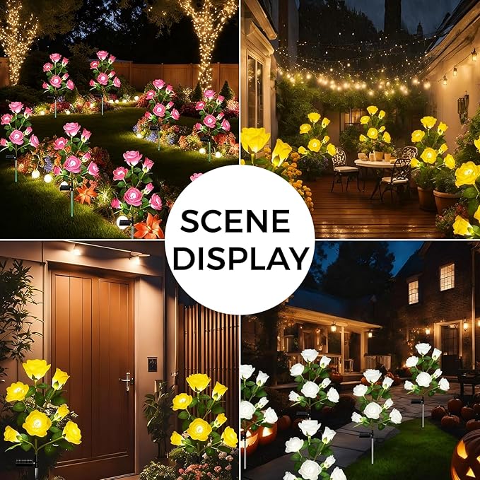 2 Pack Solar Garden Lights Outdoor, Waterproof 7-Rose Flower Lights for Yard, Solar Powered Outdoor Lights, Stake Lights for Patio Pathway Lawn Fence(Yellow, 27")