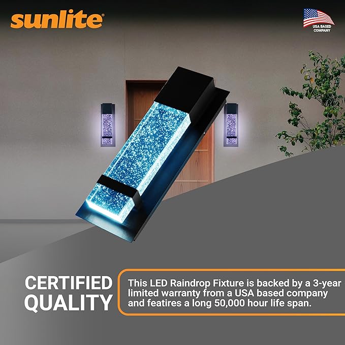 Sunlite LED Wall Sconce, Black Metal Frame with Raindrop Effect Glass Panel, 4.75" Wide, 5000K Daylight, Indoor & Outdoor, ADA Compliant