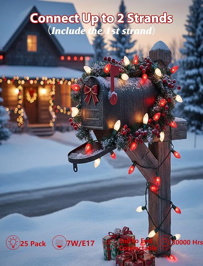 25ft C9 Red and White Christmas Lights,Waterproof C9 Christmas String Lights with 26 Red White Bulbs,Commercial Xmas Lights Outdoor for Garden House Xmas Garland Tree Decorations