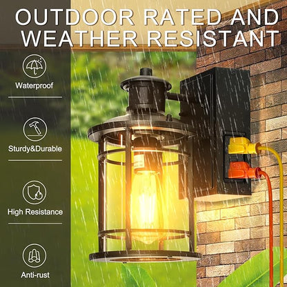 OKELI Retro Industrial Black Outdoor Wall Lights with GFCI Outlet - Dusk to Dawn & Motion Sensor Porch Light, 3 Modes, Waterproof Anti-Rust Exterior Sconce for Porch,Garage, Patio, House
