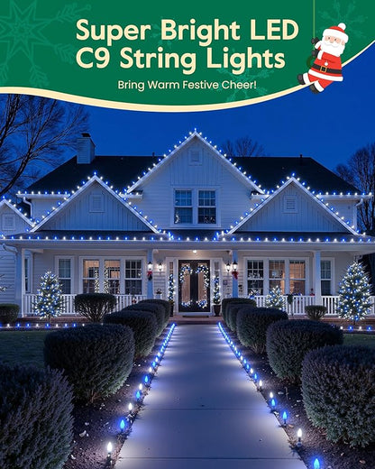 C9 LED Christmas Lights Outdoor with 100 Spring Clips, 65FT 100 LED C9 String Lights Waterproof Connectable for Roofline Patio House Yard Windows Xmas Tree Indoor Outdoor Christmas Decor, Blue White