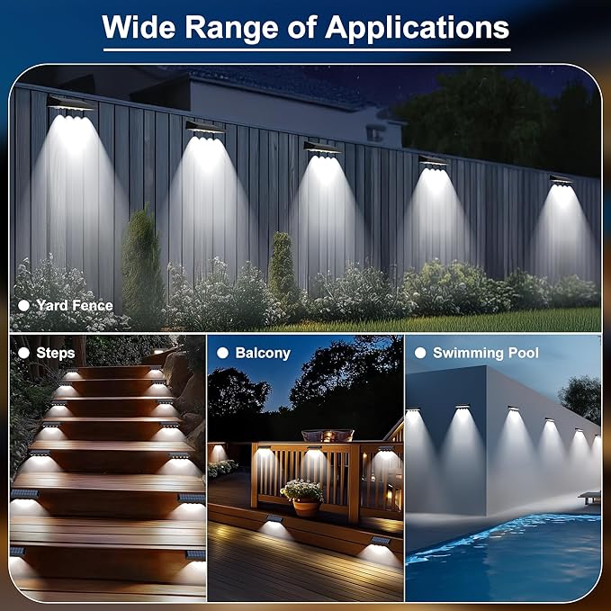 Solar Fence Lights Outdoor Waterproof IP65, 8 Pack Fence Lights Solar Powered 60 Lumens Auto On/Off Step Wall Lights Outside Decorations for Yard, Porch, Patio, Stairs, Pool, Deck, Garden-White Light