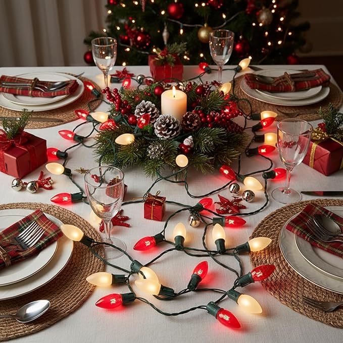 25FT C9 Christmas Outdoor Lights,Red and Frosted White Christmas Lights with 26 Bulbs(1 Spare),Commercial Vintage Red White String Light for Tree Yard Garden Porch Party