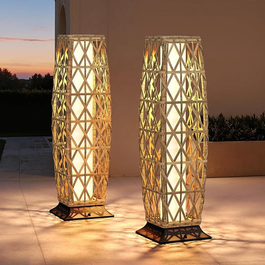 Grand patio 2-Piece Outdoor Floor Lamp Solar Lantern, Water-Resistant Wicker Boho Patio Light with 50/100 Lumens Dual Brightness & Memory Mode for Garden Porch Deck Decor, Large Cindy Natural