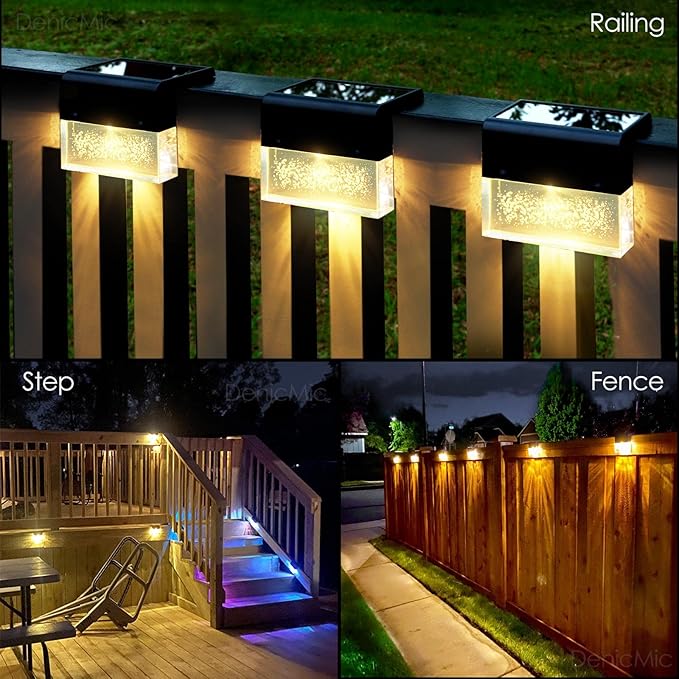 DenicMic Solar Deck Lights 3000K Warm White/Color Changing Outdoor Fence Solar Lights for Step, Railing, Wall, Pool Side LED Waterproof Patio Decor 6 Pack