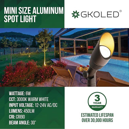 GKOLED 2 Pack LED Low Voltage Spotlight, 12V Landscape Lighting, Mini Size Outdoor Spot Lights, Waterproof Directional Uplights for Garden Yard, Metal Stake, Die-cast Aluminum, 6W 3000k CRI90 Brown