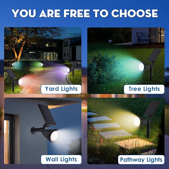 Solar Spot Lights Outdoor, 2-in-1 Wall Mount & Ground Stake 18 LEDs with 2 Lighting Modes, 7 Colors Changing, IP65 | Lumora
