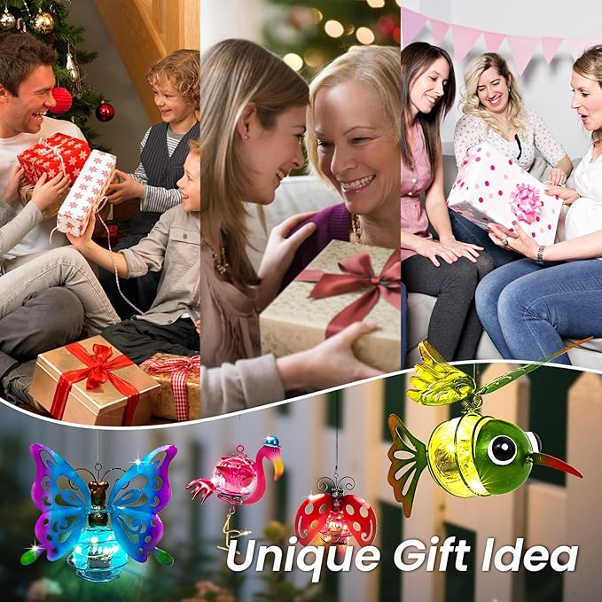 4-in-1 Solar Hanging Lights LED Outdoor Garden Decor Light Waterproof Powered Unique Decorations for Sister Birthday Gardening Gifts for Mom Women Backyard Yard Path Front Porch Balcony