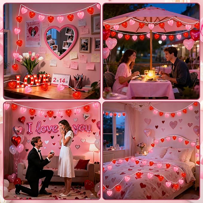 8.5Ft Red & Pink Heart String Lights, Valentine's Day Decorations Light with 10 LED Red - Decorative Outdoor Light | Lumora