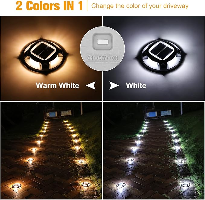 VOLISUN Solar Driveway Lights Dock Deck Lights 16 Pack,2 Colors in 1 Led IP67 Waterproof Outdoor Warning Step Lights for Driveway Sidewalk Pathway (White/Warm White)