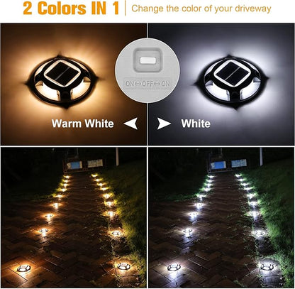 VOLISUN Solar Driveway Lights Dock Deck Lights 16 Pack,2 Colors in 1 Led IP67 Waterproof Outdoor Warning Step Lights for Driveway Sidewalk Pathway (White/Warm White)