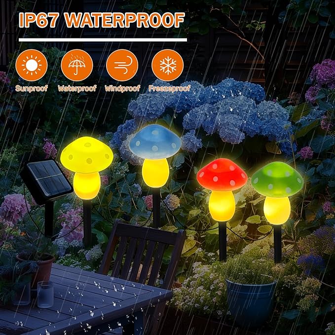4Pcs Mushroom Solar Lights Outdoor, Waterproof Fairy Houses Light Mushroom Garden Decor Decorative Solar Powered Garden Stake Lights for Outside Lawn Walkway Patio Yard (Red/Yellow/Green/Blue)