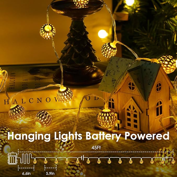 LORRYTE Moroccan Christmas String Lights Outdoor Battery Operated, 60 LED 36 FT Globe Fairy Lights with 8 Lighting Modes, String Lights for Bedroom Party Wedding Garden Christmas Decor (Warm White)