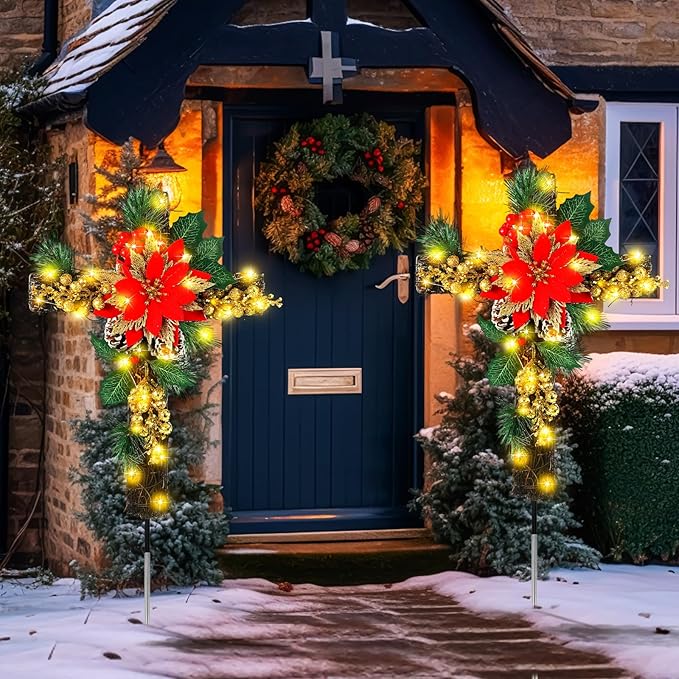 Ganeen 2 Pcs Solar Stake Christmas Outdoor Decorations Christmas Yard Stake Decor LED Lights Cemetery Grave Cross | Lumora