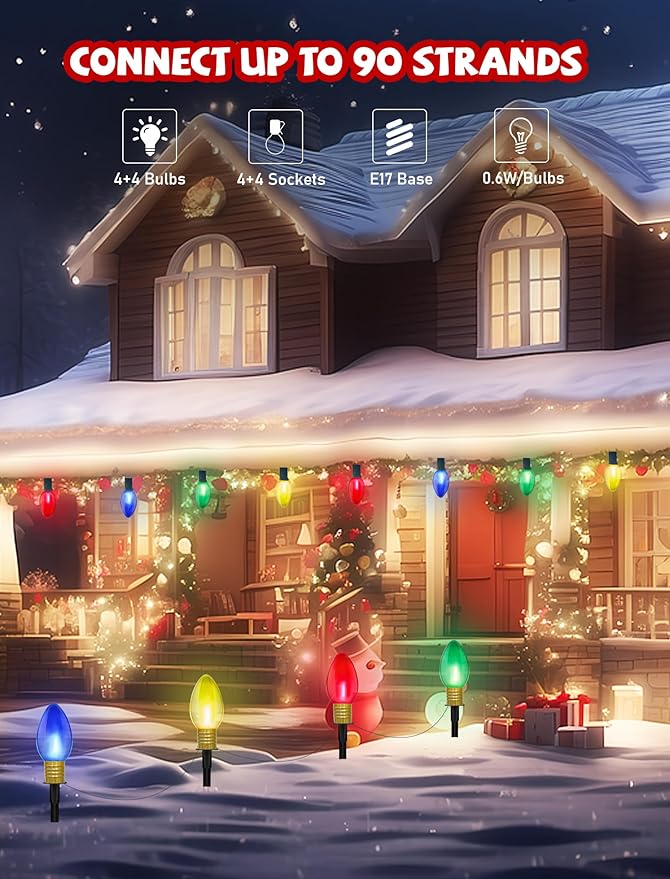 C9 LED Christmas Pathway Light Strings, 2 Pack 7FT Christmas Pathway Light Strings with 4 Jumbo LED Clear 4 Color Home Bulb Insert Rods for UL Listed for Lawn Walkway Lane Marker Lighting Decoration